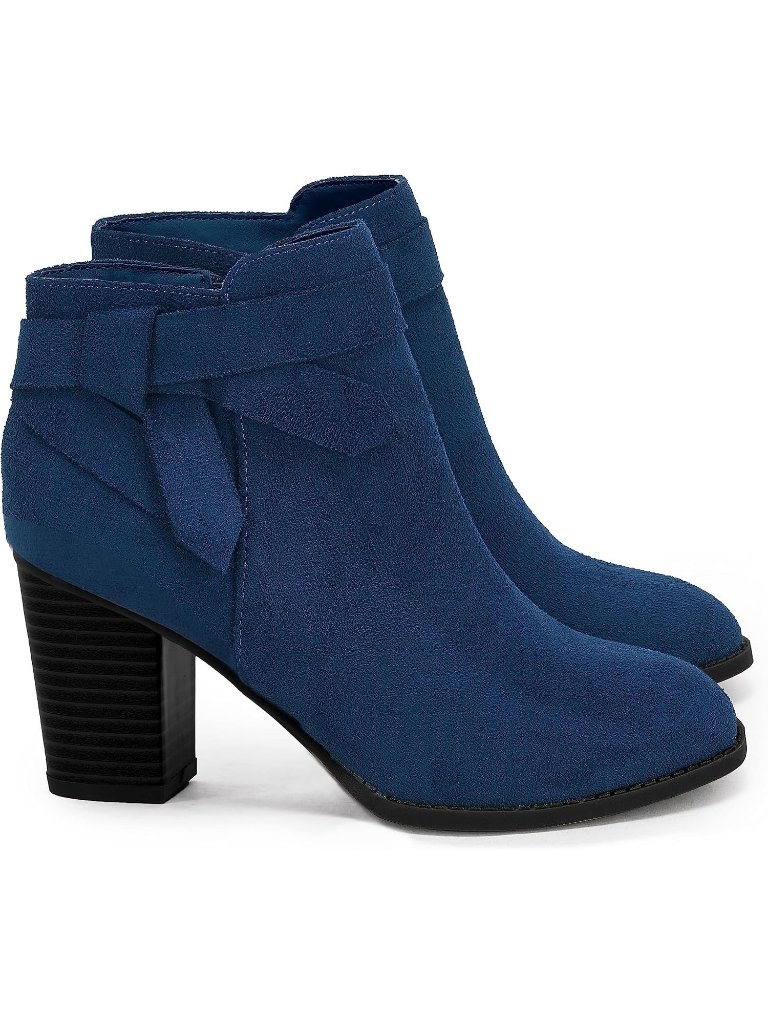Women's Blue Faux Suede Synthetic Closed Toe Chelsea Tie Knot Heel Ankle Boots